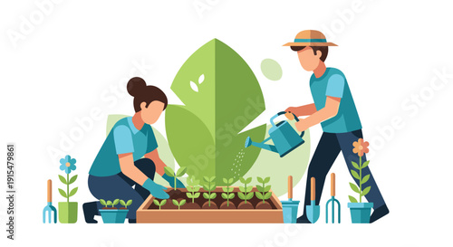 A flat design illustration of a couple gardening together, planting seedlings and watering plants in their garden for a hobby.