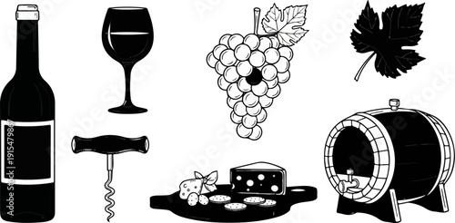 A wine bottle, glass, corkscrew, grapes, cheese, and barrel