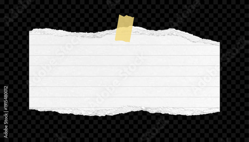 Torn textured notebook paper fragment with tape. Note template torn from lined paper with ripped edges. Isolated on transparent background. Vector.