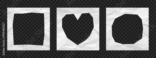 Crumpled paper photo frames set. Scrapbook realistic paper cut frames. Empty photo card frame from crumpled notepad sheet. Vector.