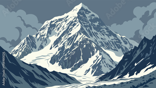 Mountain Peak and Summit Landscape Illustration Set, Snowy Alpine Ranges in Various Lighting and Atmospheric Styles