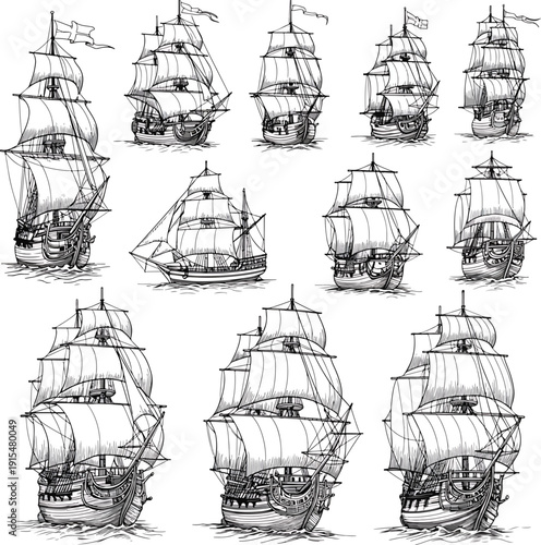 Vintage sailing ships vector illustrations collection