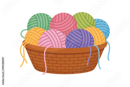 Yarn balls in brown wicker basket with colorful threads