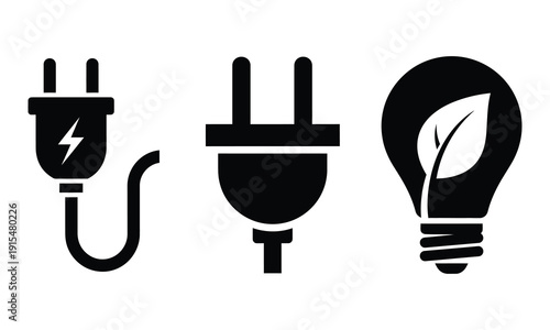Electric plug and light bulb icons with leaf