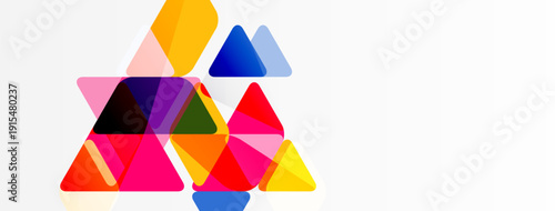 Colorful triangles overlap, creating abstract composition. Bright hues dominate white background. Modern design element.