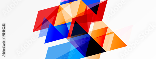 Abstract geometric shapes overlap, creating vibrant color contrasts. Composition features triangles, transparency, modern design elements.