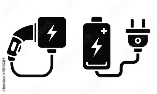 Battery charging icon with power adapter and plug