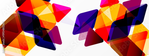 Abstract geometric shapes overlap, creating vibrant color gradients. Orange, red, purple dominate composition. Modern design element.