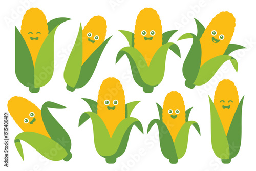 A group of cartoon corn on the cob with smiling faces