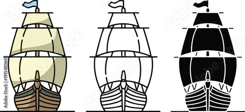 Traditional sailing ship silhouette & Outline and illustration set isolated on transparent background