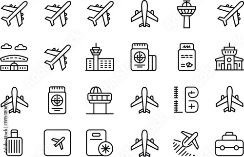 Airport aviation travel icon set line vector collection featuring airplanes, passport, terminal, control tower, luggage transport symbols design