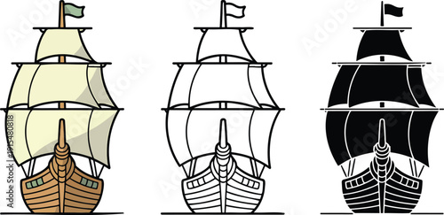 Traditional sailing ship silhouette & Outline and illustration set isolated on transparent background