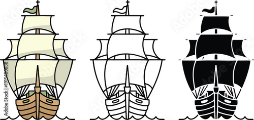 Traditional sailing ship silhouette & Outline and illustration set isolated on transparent background