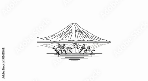 A stylized drawing of a mountain with a flock of flamingos reflected in water