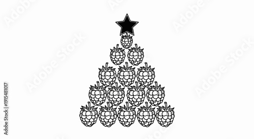 A stylized Christmas tree formed from stacked raspberries and topped with a star