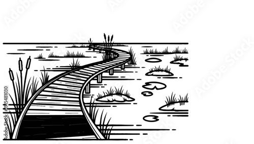 A winding wooden boardwalk traverses a tranquil marsh with reeds and lily pads