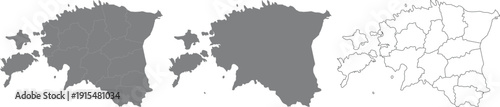 Estonia Administrative Map Set with Regions, Solid Silhouette and Outline Map