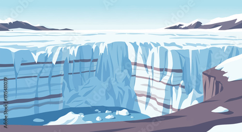 A vast icy landscape featuring a dramatic glacial cliff face under a clear sky