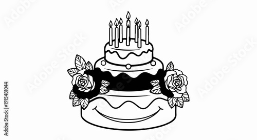 A stylized drawing of a multi-tiered birthday cake adorned with roses and lit candles