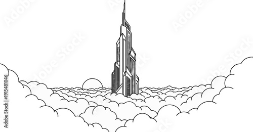 A stylized skyscraper pierces the clouds, with a sun-like orb setting