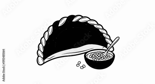 A stylized drawing of a pastry with a spoon in a bowl of peas