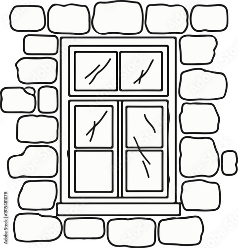 A stylized drawing of a window set into a stone wall
