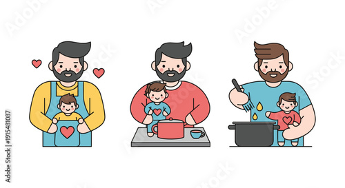 A heartwarming set of three illustrations showing a loving father caring for his child, depicting modern fatherhood and family life.