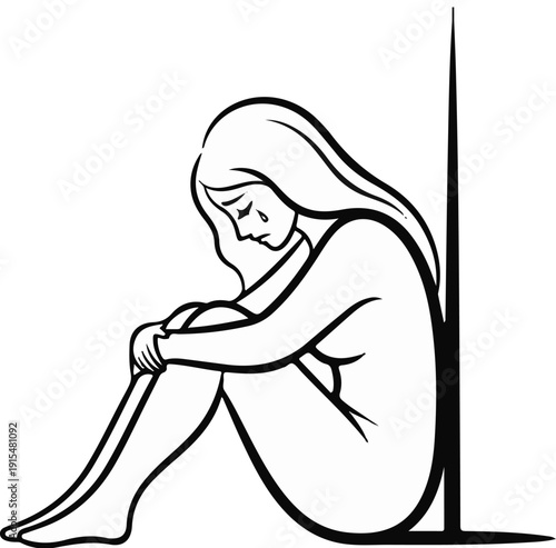 A stylized drawing shows a woman with her knees drawn up to her chest, crying