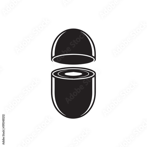 Simple black and white depiction of a capsule or pill split into two distinct halves, showing its interior structure