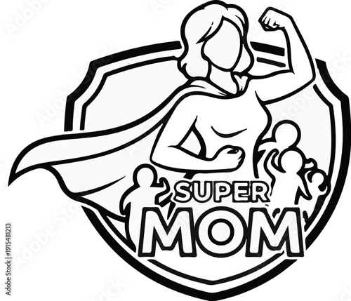 A superhero mom with a cape flexes her arm, surrounded by children