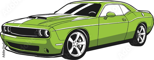 A vibrant green coupe with racing stripes and a sleek design