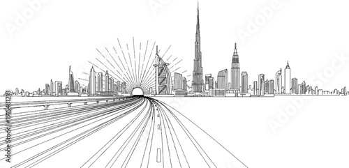 A sunburst over a futuristic city skyline is approached by a highway
