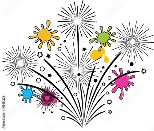 A vibrant explosion of colorful paint splatters and stylized fireworks bursts