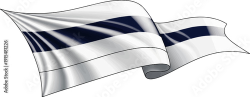 A stylized flag with white, grey, and dark blue horizontal stripes waves