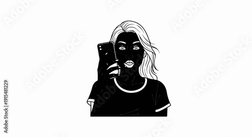 A surprised woman with wide eyes takes a selfie with her phone