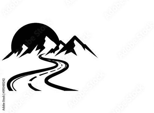 A winding road leads through mountains under a large, dark sun