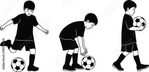 Black and white vector illustration of young boys playing soccer kicking and holding a football isolated on white background, children sports,