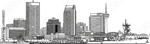 A striking monochrome cityscape showcases tall buildings and a warship docked at the waterfront