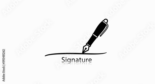 A stylized fountain pen draws a signature on a plain background