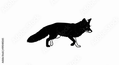 A stylized black fox walks with a bushy tail and sharp eyes