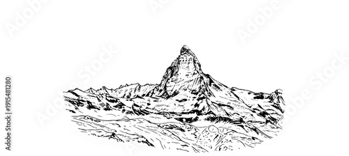 A striking, jagged mountain peak dominates the center, surrounded by snow-covered slopes