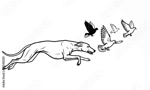 A swift dog chases birds in a stylized, high-contrast illustration