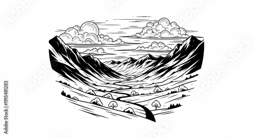 A winding road leads through a valley towards distant, rugged mountains under a cloudy sky