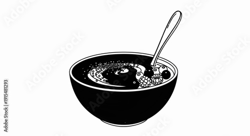 A swirling dark smoothie bowl topped with berries and seeds, ready to eat