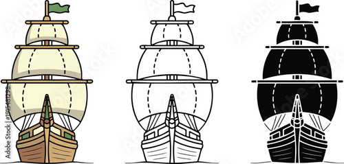 Traditional sailing ship silhouette & Outline and illustration set isolated on transparent background