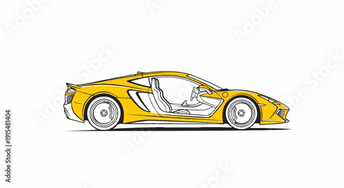 A vibrant yellow sports car is depicted in a side-profile illustration with an open driver's door