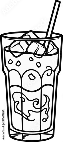 A tall glass filled with ice cubes and a beverage, with a straw