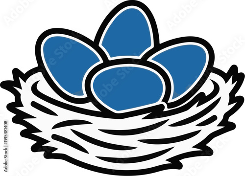 A stylized bird's nest contains four blue eggs, rendered with bold black outlines and white fill