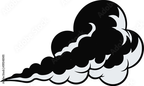 A stylized black and gray smoke plume billows to the right against a white background