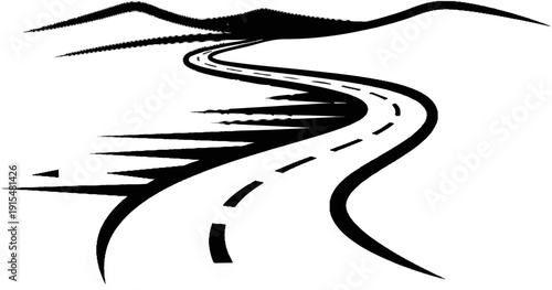 A winding road curves through abstract, spiky landscape shapes